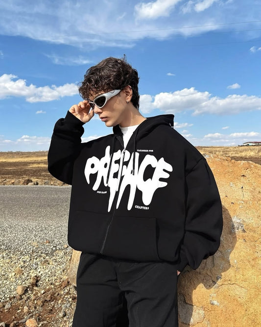 Oversize Black Preface Design Zip Hoodie