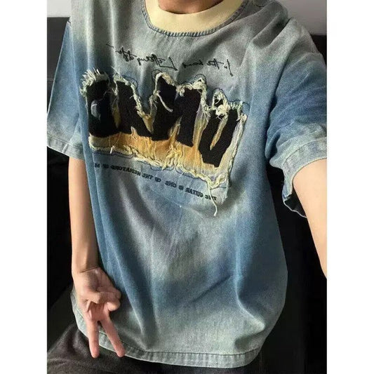 American retro washed denim short-sleeved T-shirt