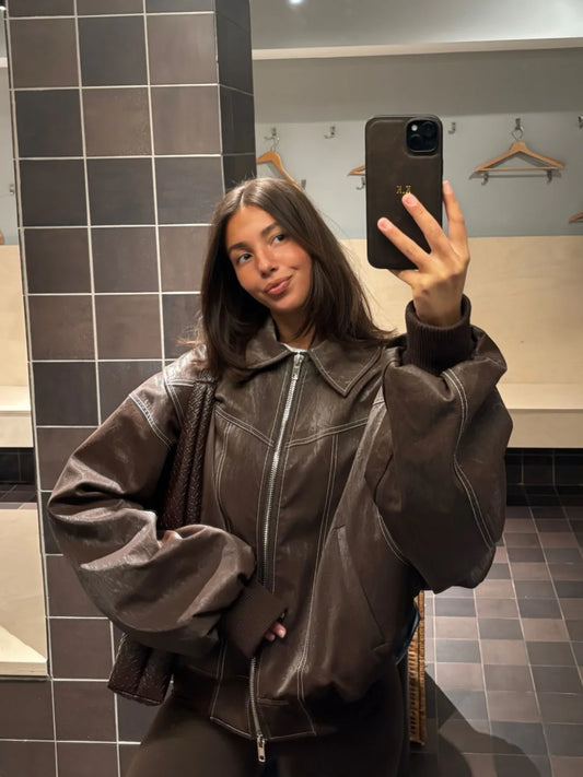 Oversized Contrast Stitch Brown Jacket