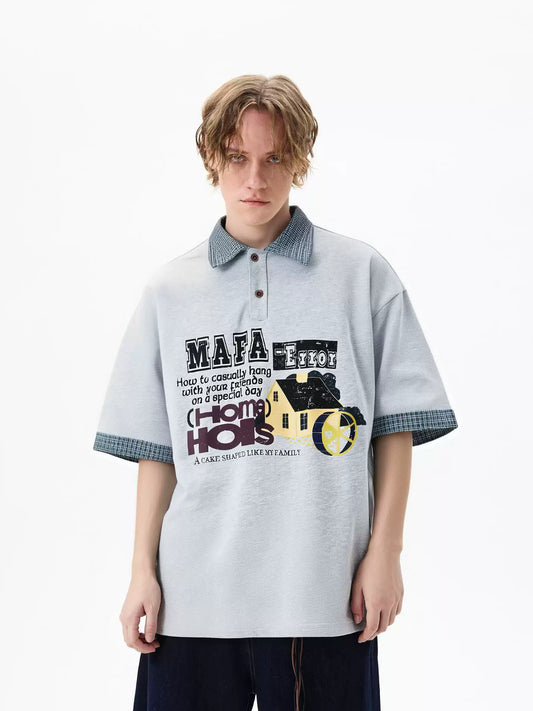 American grey style letter print splicing fake two-piece lapel short-sleeved T-shirt