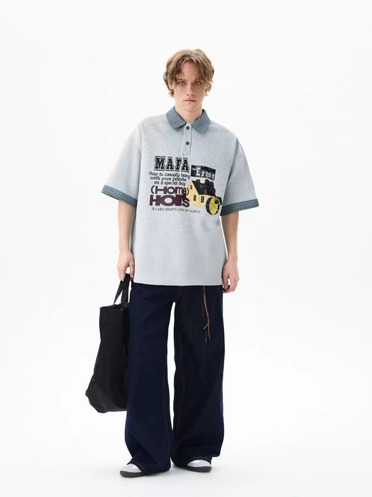American grey style letter print splicing fake two-piece lapel short-sleeved T-shirt