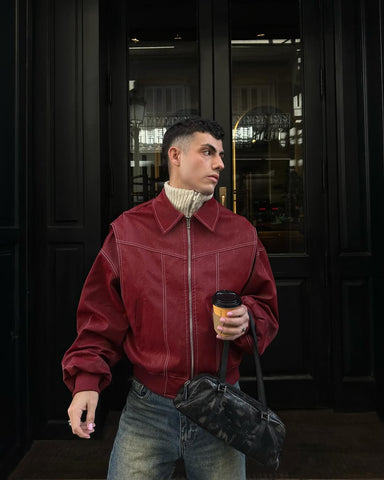 Oversized Contrast Stitch Red Jacket