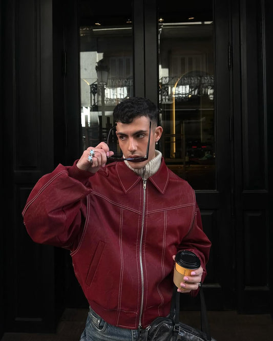 Oversized Contrast Stitch Red Jacket